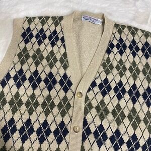 Vintage Argyle Grandpa Sweater Vest Beige Green Navy XL Cotton Preppy Golf